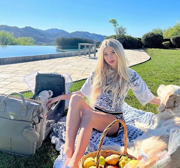 Creator demonstrating a diaper bag outdoors beside a picnic setup